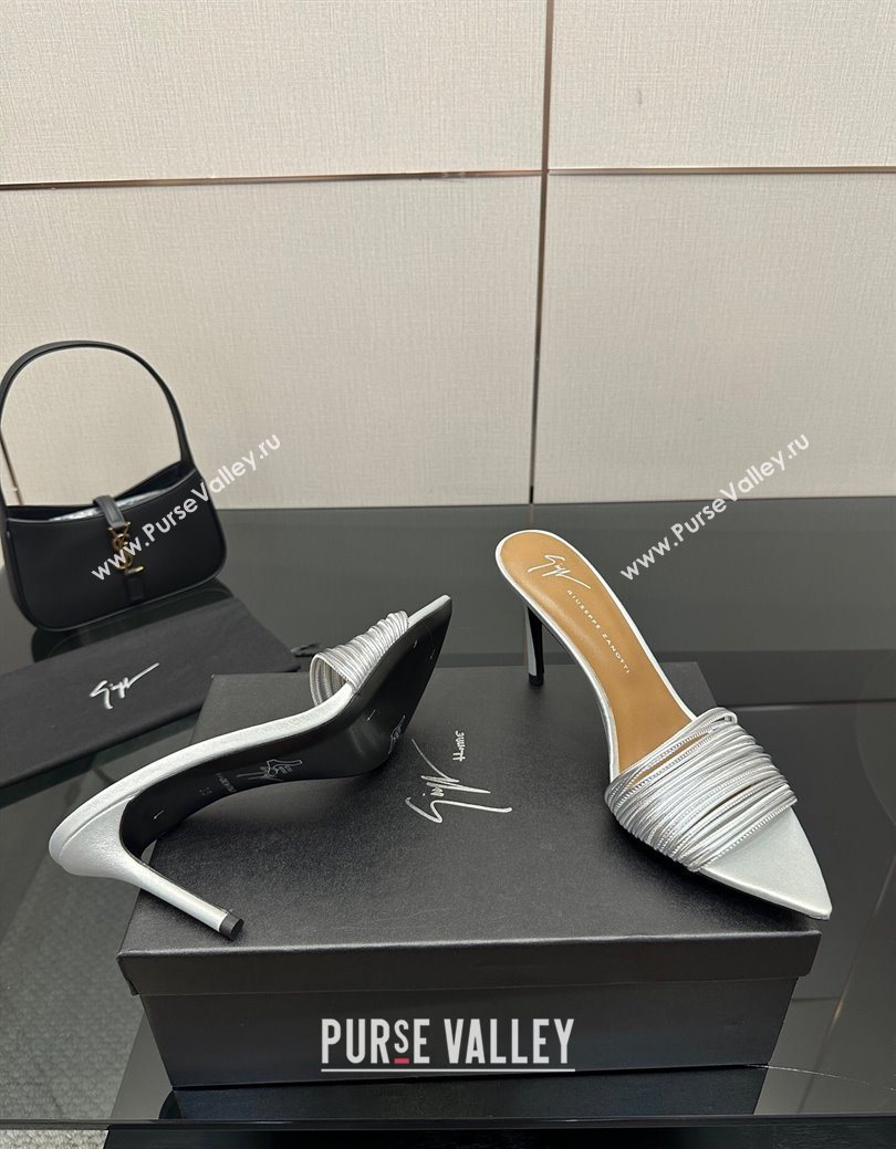 Giuseppe Zanott Intriigo Clio Heel Slides Sandal 9cm in Leather with Thin Strips Silver 2025 (MD-251031017)