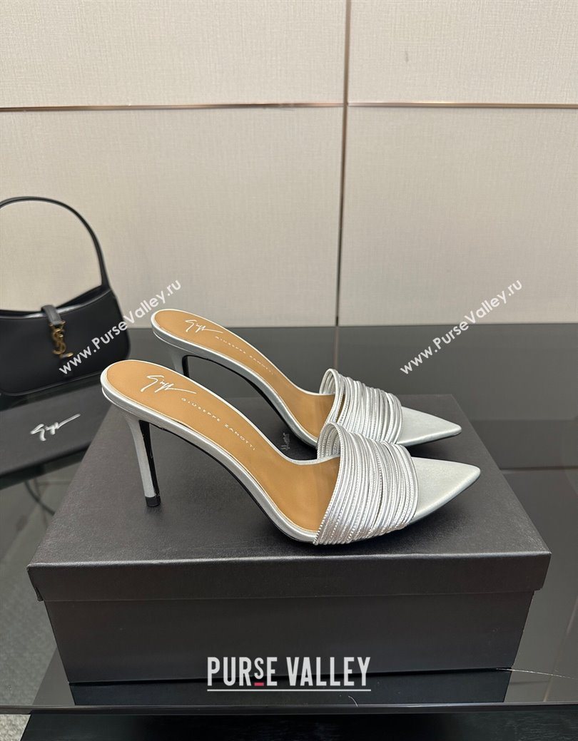 Giuseppe Zanott Intriigo Clio Heel Slides Sandal 9cm in Leather with Thin Strips Silver 2025 (MD-251031017)