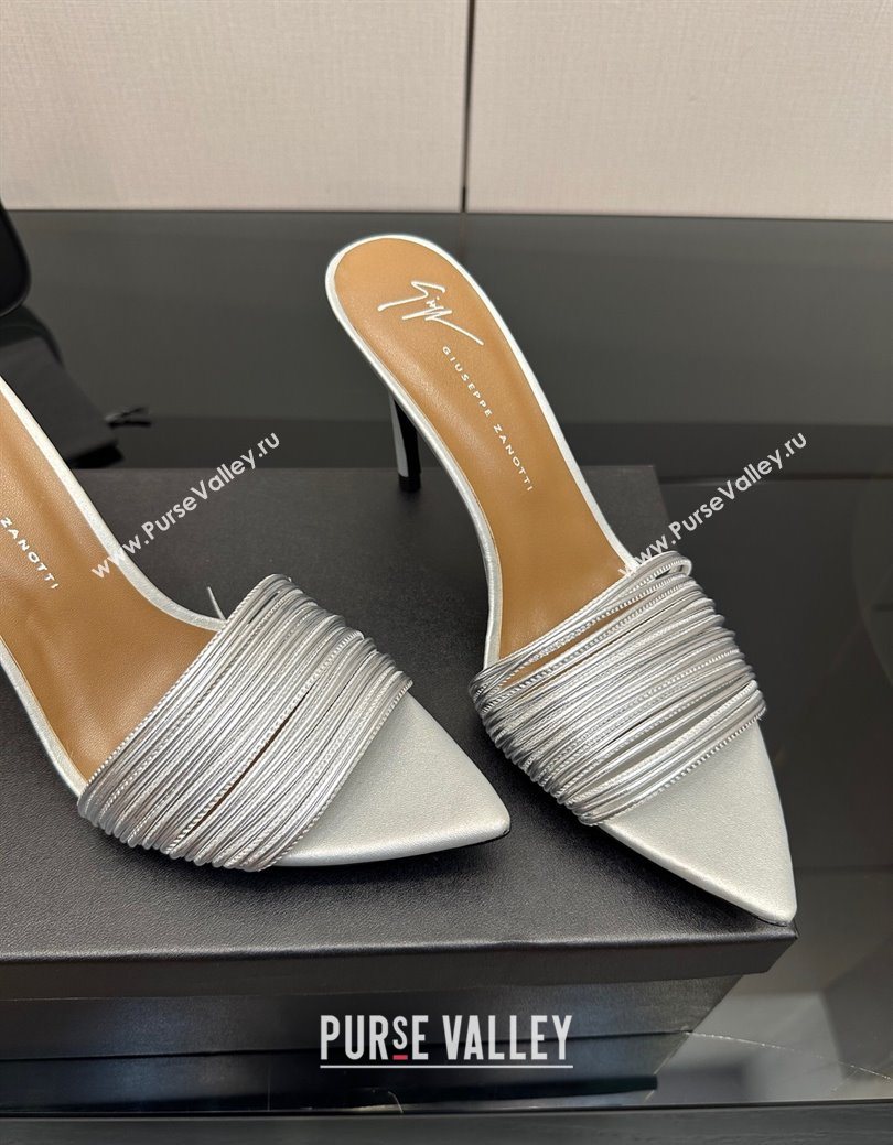 Giuseppe Zanott Intriigo Clio Heel Slides Sandal 9cm in Leather with Thin Strips Silver 2025 (MD-251031017)