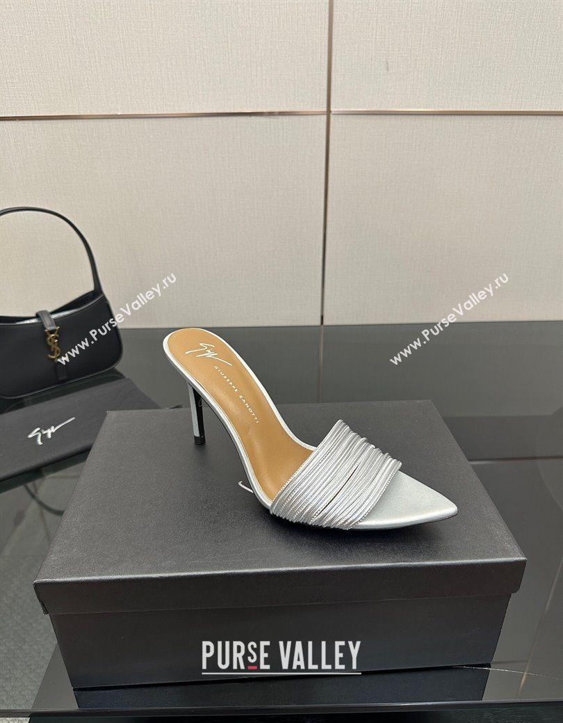 Giuseppe Zanott Intriigo Clio Heel Slides Sandal 9cm in Leather with Thin Strips Silver 2025 (MD-251031017)