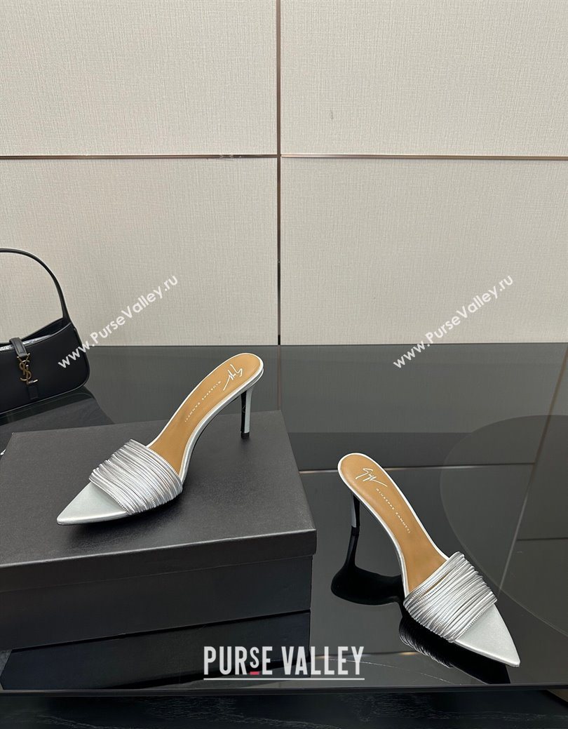 Giuseppe Zanott Intriigo Clio Heel Slides Sandal 9cm in Leather with Thin Strips Silver 2025 (MD-251031017)