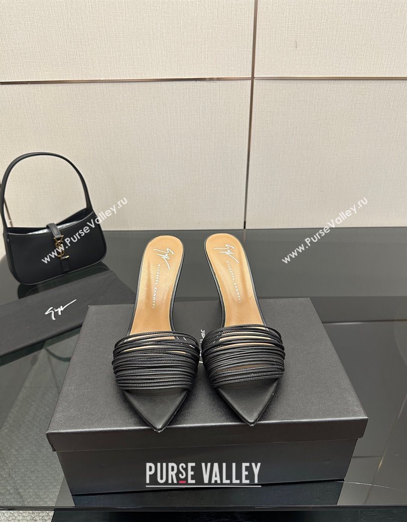 Giuseppe Zanott Intriigo Clio Heel Slides Sandal 9cm in Leather with Thin Strips Black 2025 (MD-251031018)
