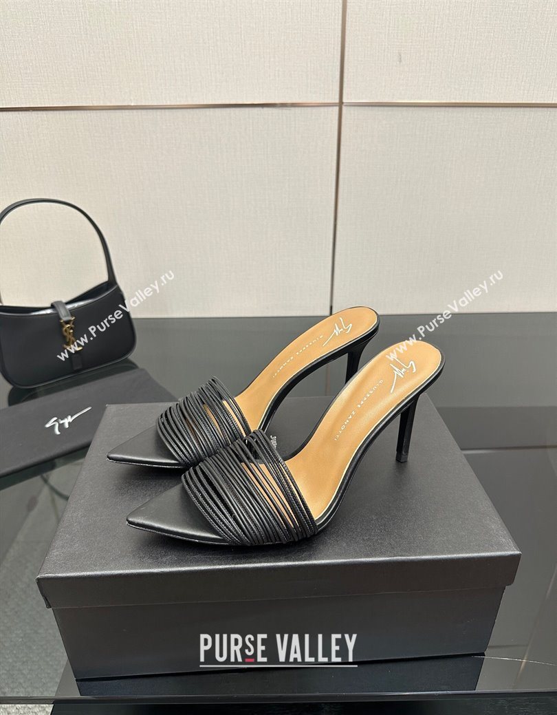 Giuseppe Zanott Intriigo Clio Heel Slides Sandal 9cm in Leather with Thin Strips Black 2025 (MD-251031018)