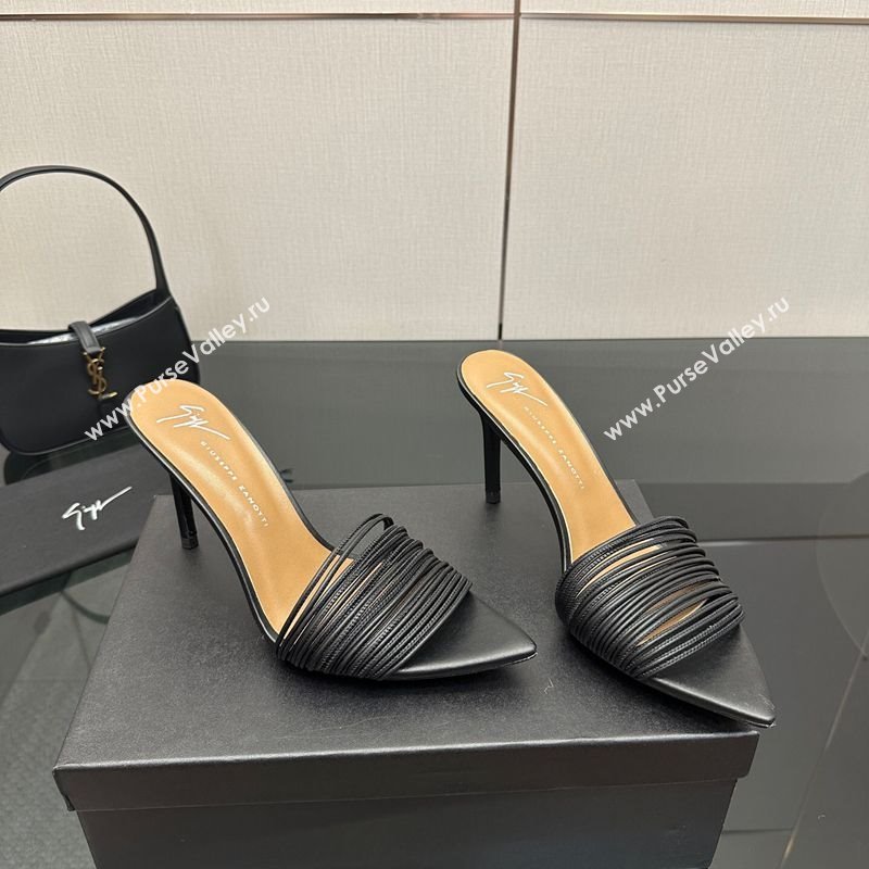 Giuseppe Zanott Intriigo Clio Heel Slides Sandal 9cm in Leather with Thin Strips Black 2025 (MD-251031018)