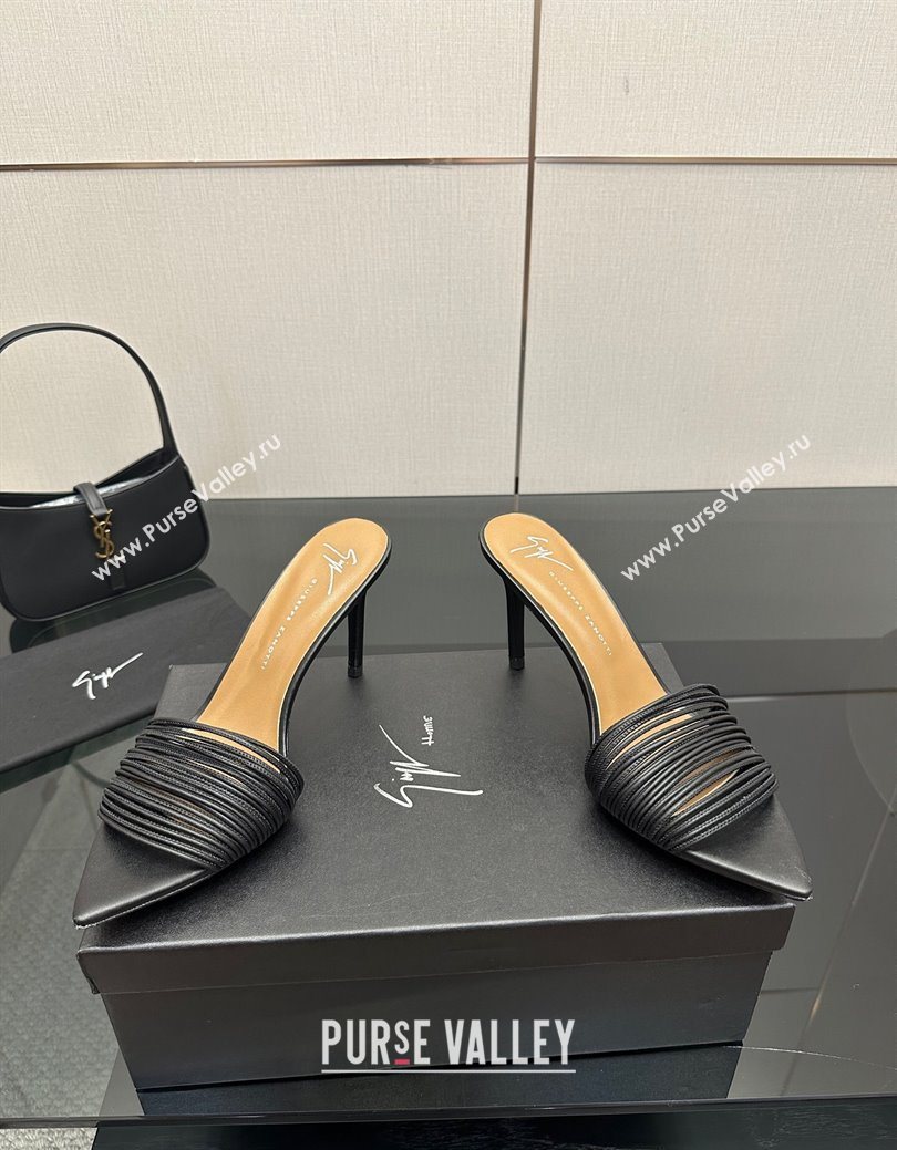 Giuseppe Zanott Intriigo Clio Heel Slides Sandal 9cm in Leather with Thin Strips Black 2025 (MD-251031018)