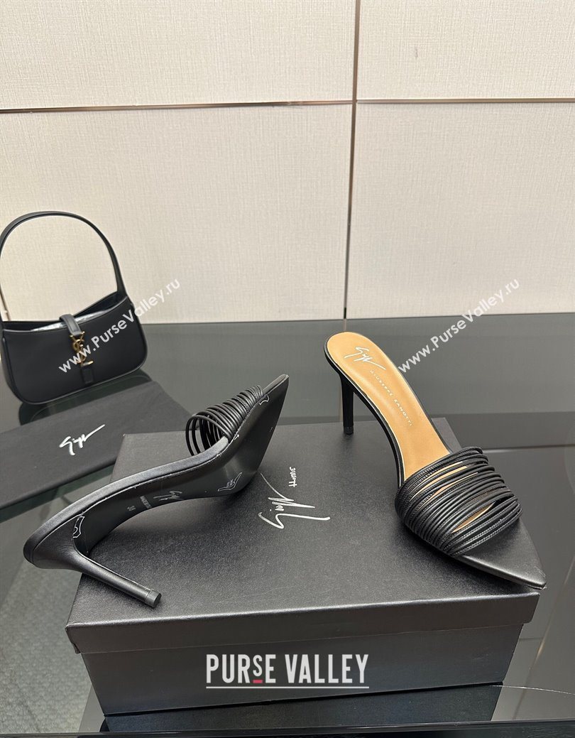 Giuseppe Zanott Intriigo Clio Heel Slides Sandal 9cm in Leather with Thin Strips Black 2025 (MD-251031018)