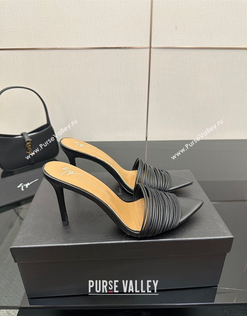 Giuseppe Zanott Intriigo Clio Heel Slides Sandal 9cm in Leather with Thin Strips Black 2025 (MD-251031018)