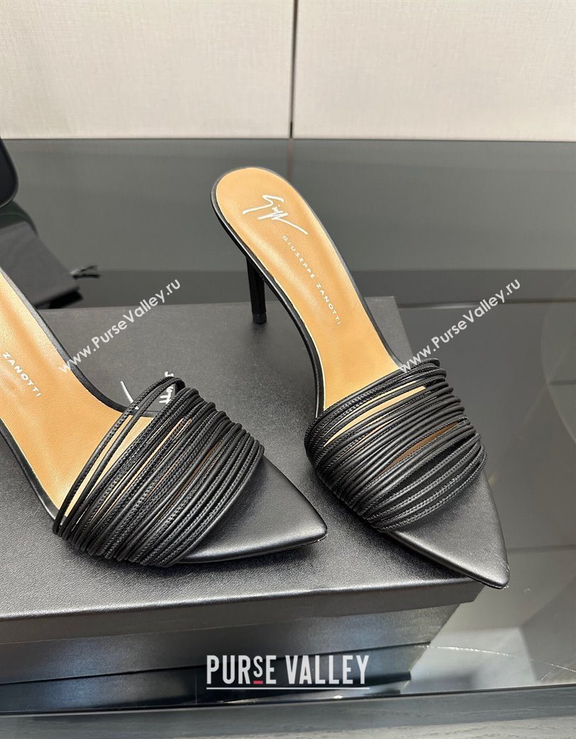 Giuseppe Zanott Intriigo Clio Heel Slides Sandal 9cm in Leather with Thin Strips Black 2025 (MD-251031018)