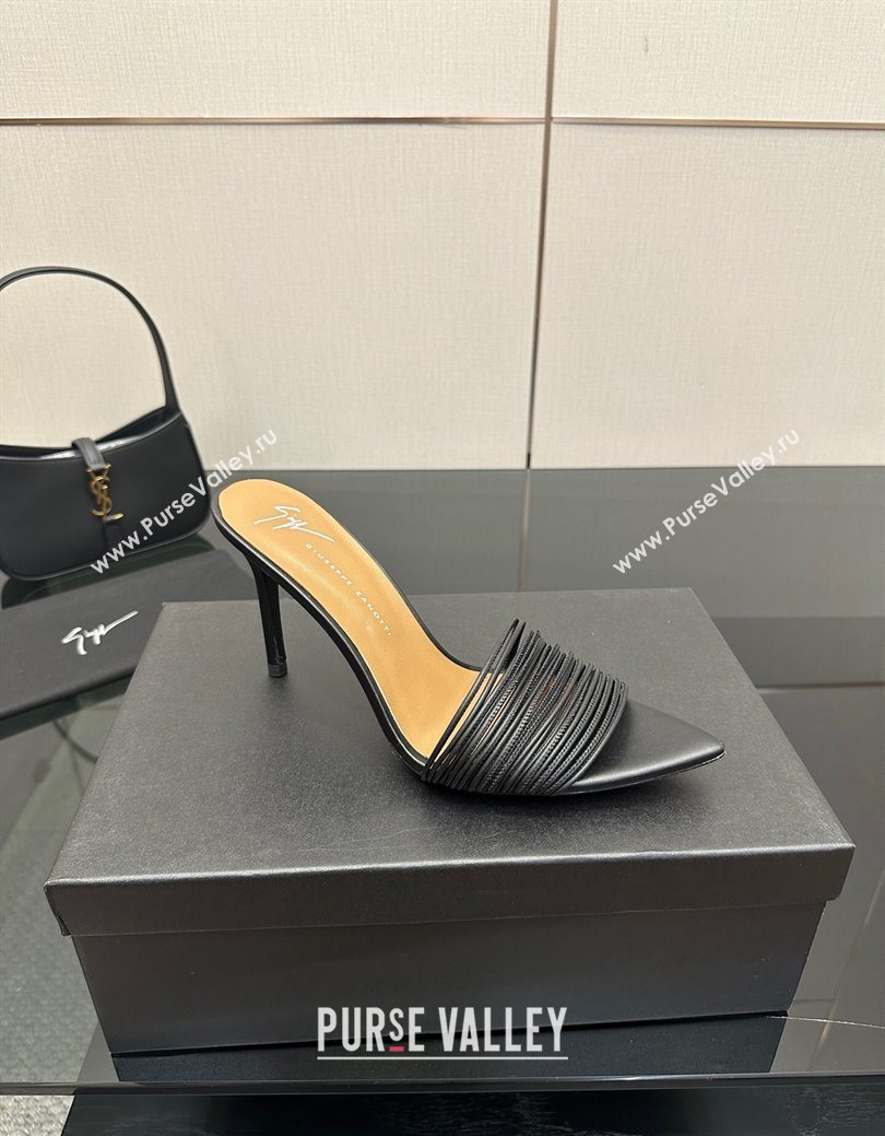 Giuseppe Zanott Intriigo Clio Heel Slides Sandal 9cm in Leather with Thin Strips Black 2025 (MD-251031018)