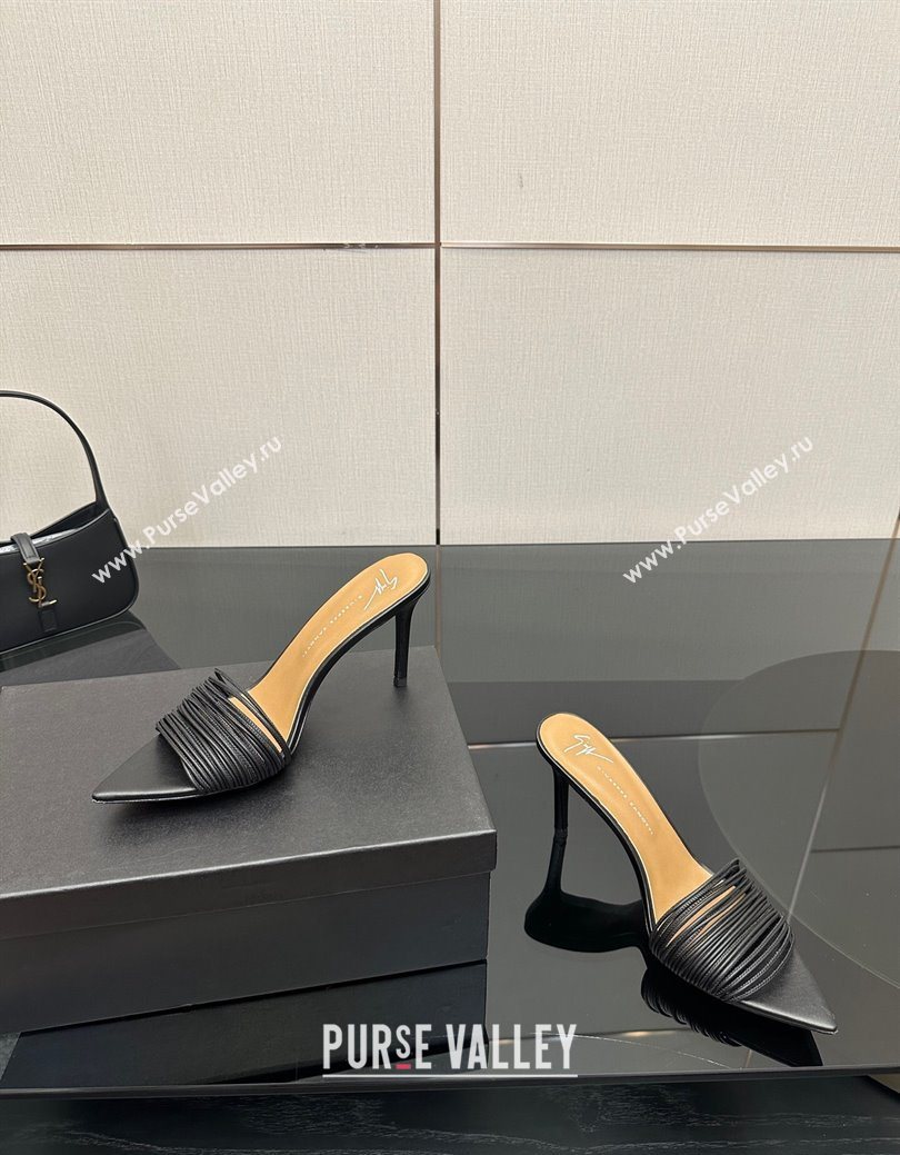 Giuseppe Zanott Intriigo Clio Heel Slides Sandal 9cm in Leather with Thin Strips Black 2025 (MD-251031018)