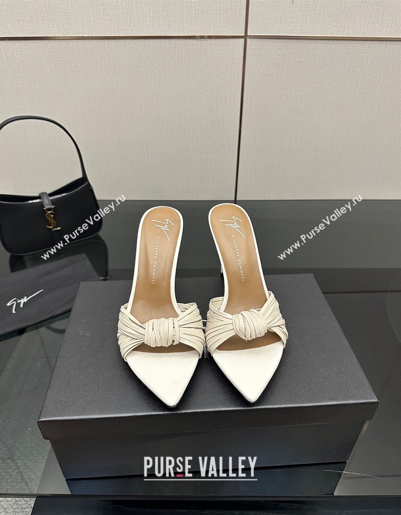 Giuseppe Zanott Intriigo Clio Heel Slides Sandal 9cm in Leather with Knot White 2025 (MD-251031019)