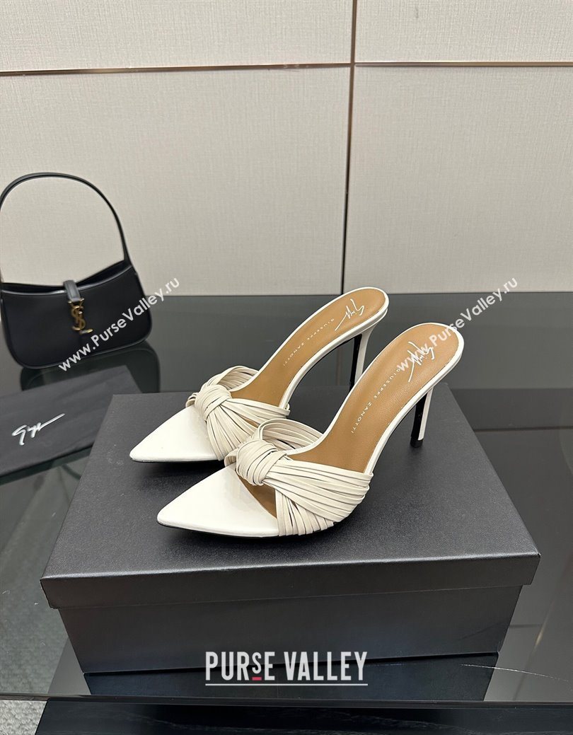 Giuseppe Zanott Intriigo Clio Heel Slides Sandal 9cm in Leather with Knot White 2025 (MD-251031019)
