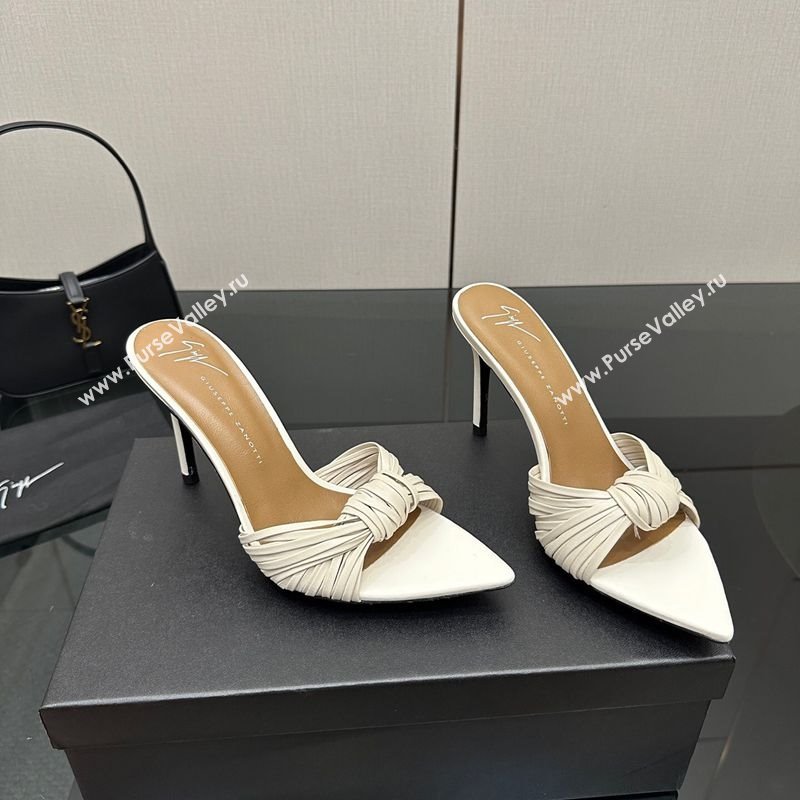Giuseppe Zanott Intriigo Clio Heel Slides Sandal 9cm in Leather with Knot White 2025 (MD-251031019)