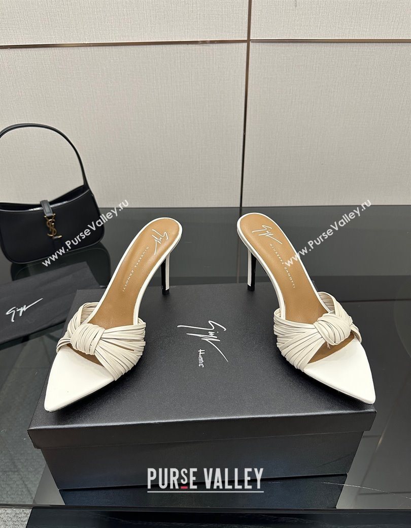 Giuseppe Zanott Intriigo Clio Heel Slides Sandal 9cm in Leather with Knot White 2025 (MD-251031019)