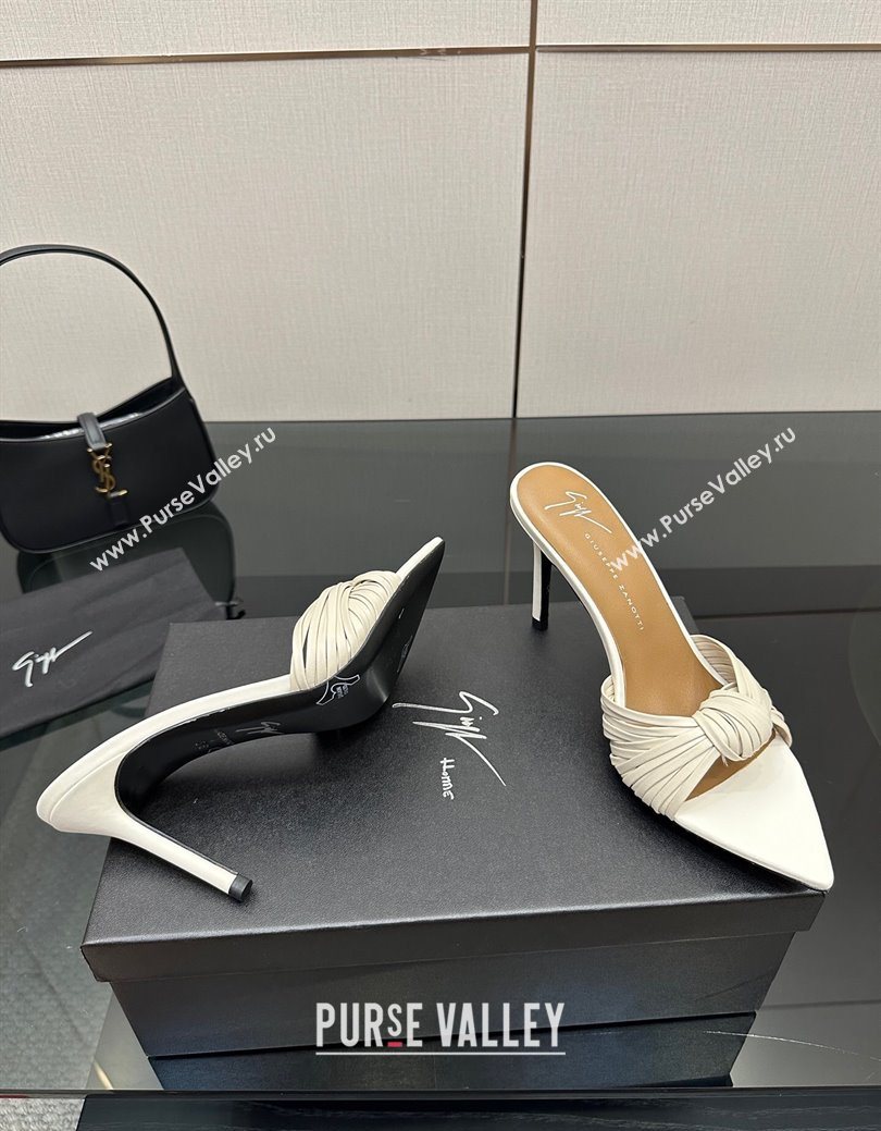 Giuseppe Zanott Intriigo Clio Heel Slides Sandal 9cm in Leather with Knot White 2025 (MD-251031019)