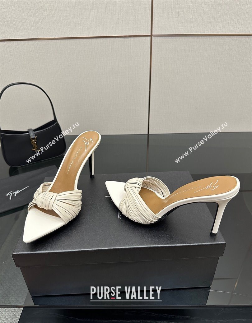 Giuseppe Zanott Intriigo Clio Heel Slides Sandal 9cm in Leather with Knot White 2025 (MD-251031019)