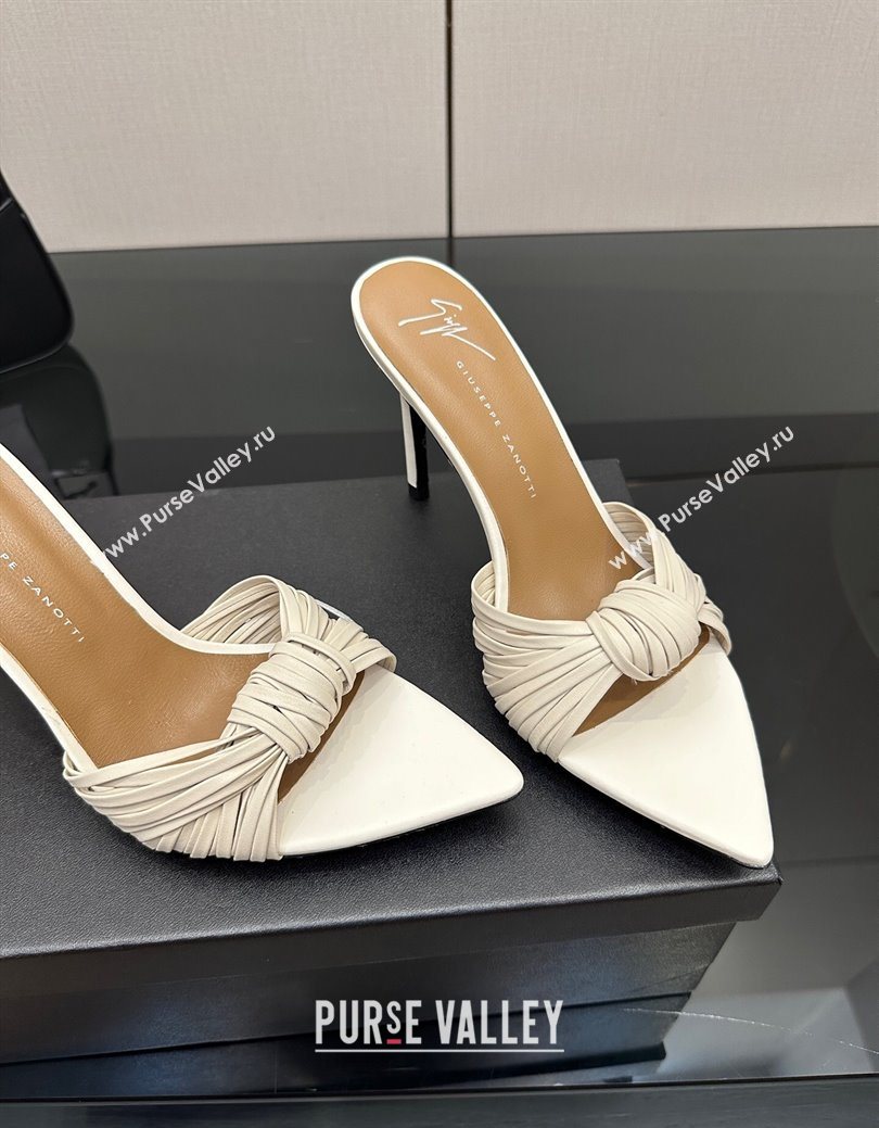 Giuseppe Zanott Intriigo Clio Heel Slides Sandal 9cm in Leather with Knot White 2025 (MD-251031019)