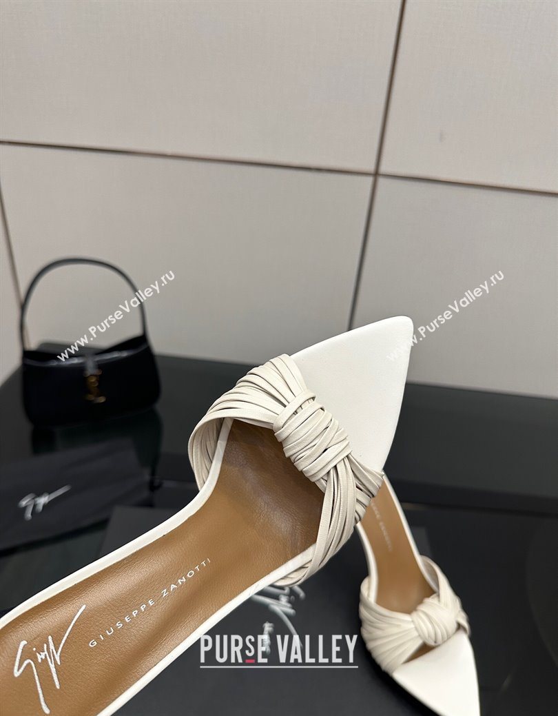 Giuseppe Zanott Intriigo Clio Heel Slides Sandal 9cm in Leather with Knot White 2025 (MD-251031019)