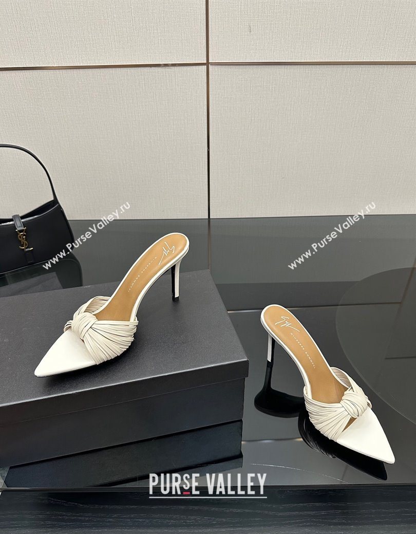 Giuseppe Zanott Intriigo Clio Heel Slides Sandal 9cm in Leather with Knot White 2025 (MD-251031019)