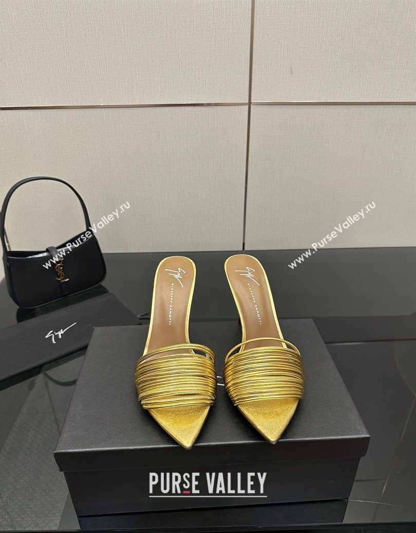 Giuseppe Zanott Intriigo Clio Heel Slides Sandal 9cm in Leather with Thin Strips Gold 2025 (MD-251031015)