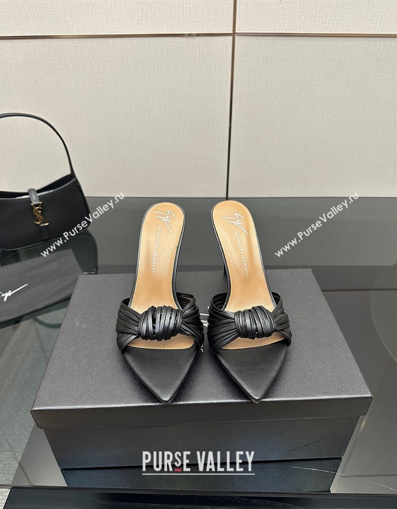 Giuseppe Zanott Intriigo Clio Heel Slides Sandal 9cm in Leather with Knot Black 2025 (MD-251031020)
