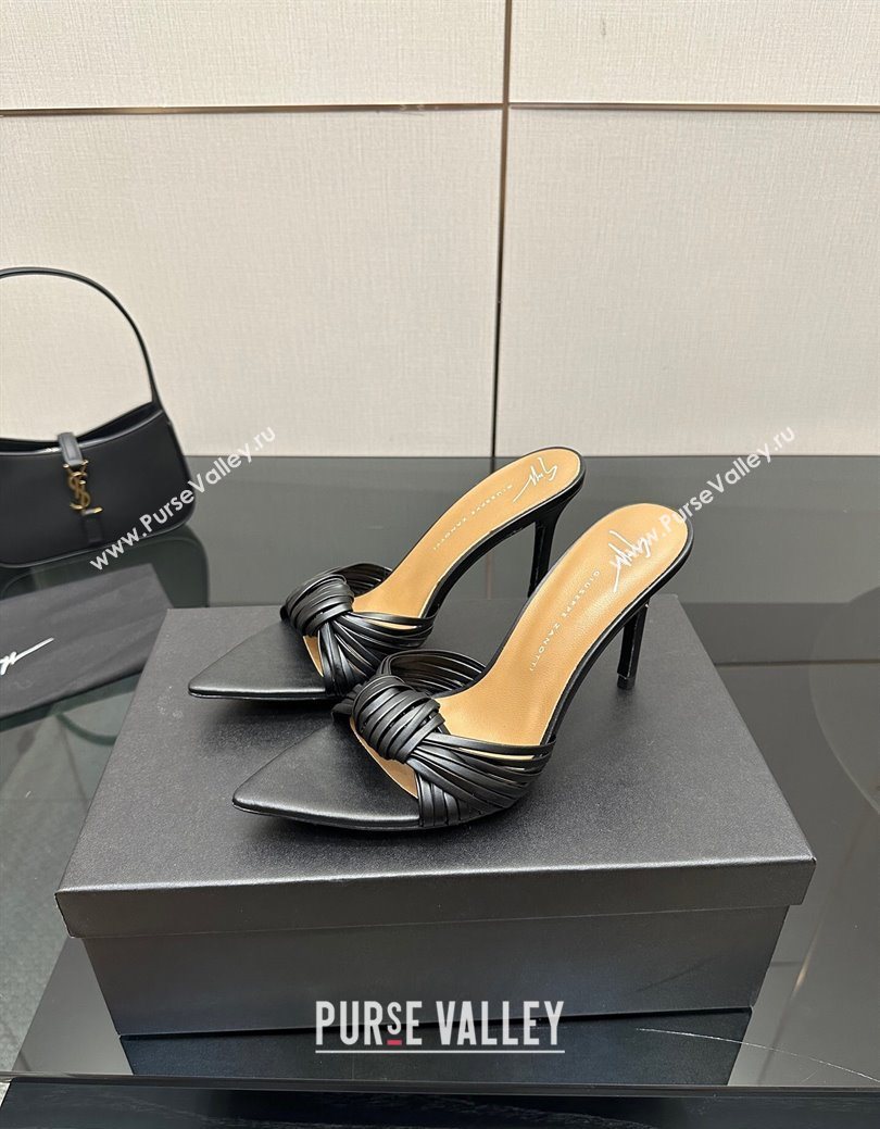 Giuseppe Zanott Intriigo Clio Heel Slides Sandal 9cm in Leather with Knot Black 2025 (MD-251031020)