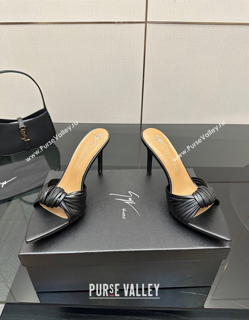 Giuseppe Zanott Intriigo Clio Heel Slides Sandal 9cm in Leather with Knot Black 2025 (MD-251031020)