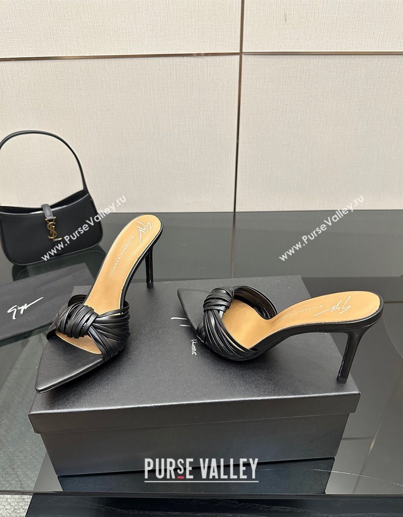 Giuseppe Zanott Intriigo Clio Heel Slides Sandal 9cm in Leather with Knot Black 2025 (MD-251031020)