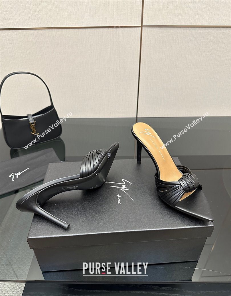 Giuseppe Zanott Intriigo Clio Heel Slides Sandal 9cm in Leather with Knot Black 2025 (MD-251031020)