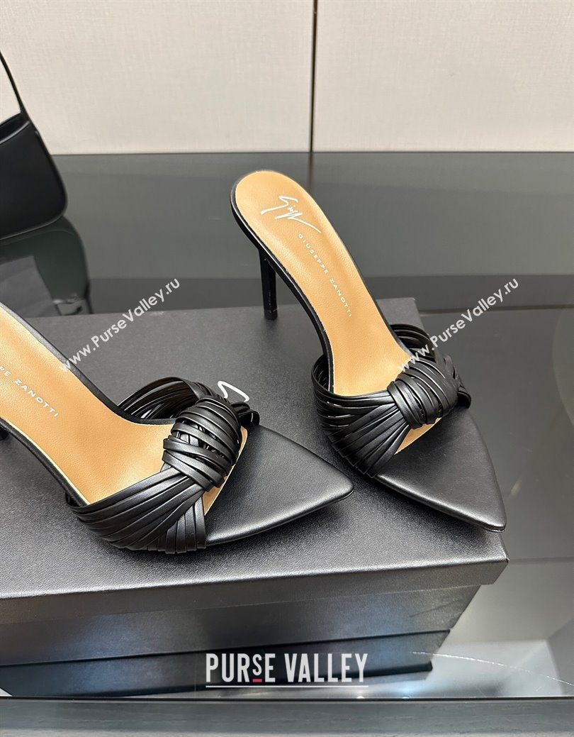 Giuseppe Zanott Intriigo Clio Heel Slides Sandal 9cm in Leather with Knot Black 2025 (MD-251031020)