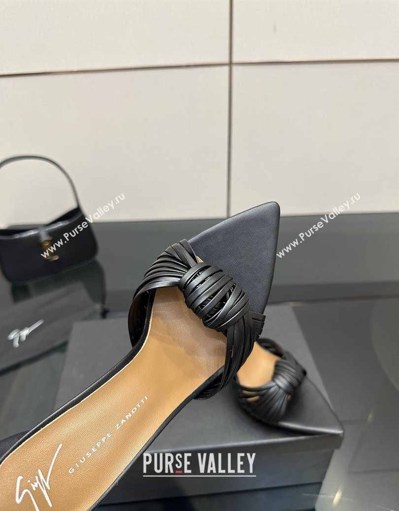 Giuseppe Zanott Intriigo Clio Heel Slides Sandal 9cm in Leather with Knot Black 2025 (MD-251031020)