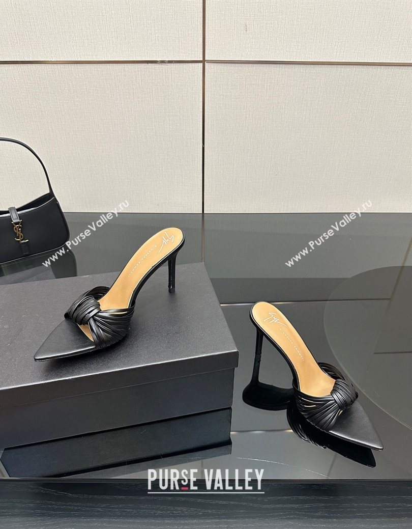 Giuseppe Zanott Intriigo Clio Heel Slides Sandal 9cm in Leather with Knot Black 2025 (MD-251031020)