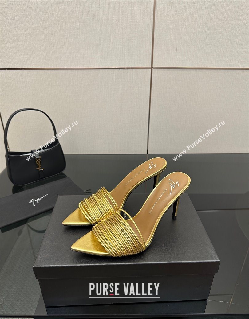 Giuseppe Zanott Intriigo Clio Heel Slides Sandal 9cm in Leather with Thin Strips Gold 2025 (MD-251031015)