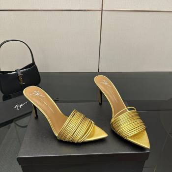 Giuseppe Zanott Intriigo Clio Heel Slides Sandal 9cm in Leather with Thin Strips Gold 2025 (MD-251031015)