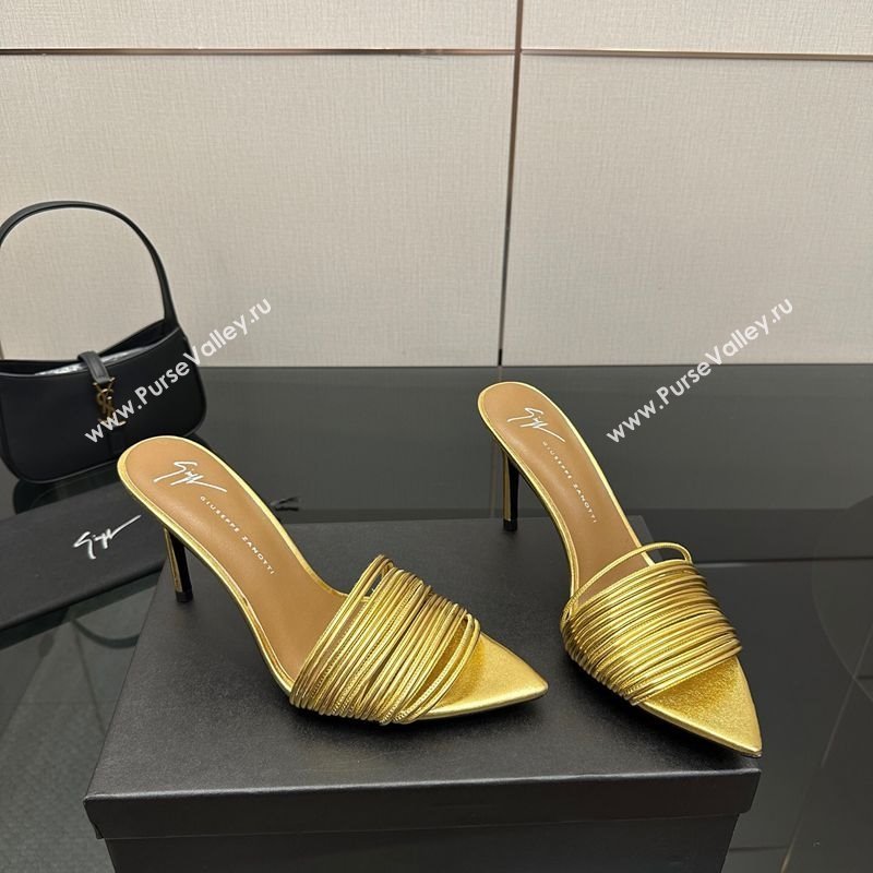 Giuseppe Zanott Intriigo Clio Heel Slides Sandal 9cm in Leather with Thin Strips Gold 2025 (MD-251031015)