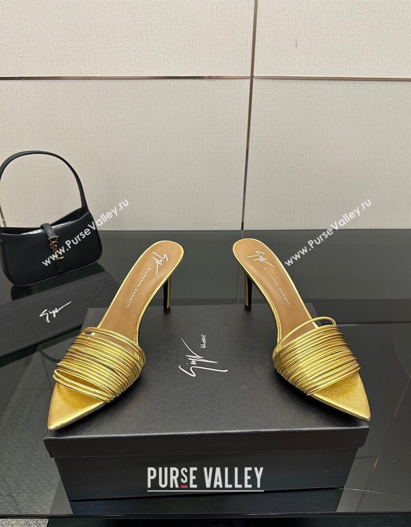 Giuseppe Zanott Intriigo Clio Heel Slides Sandal 9cm in Leather with Thin Strips Gold 2025 (MD-251031015)