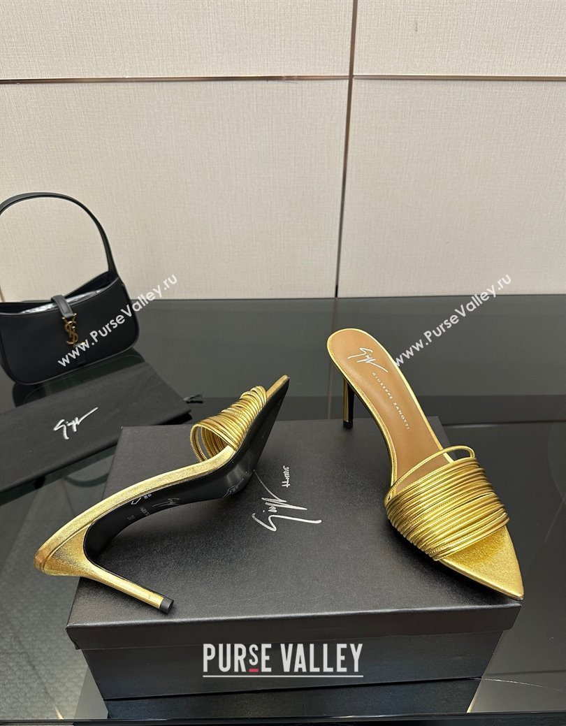 Giuseppe Zanott Intriigo Clio Heel Slides Sandal 9cm in Leather with Thin Strips Gold 2025 (MD-251031015)