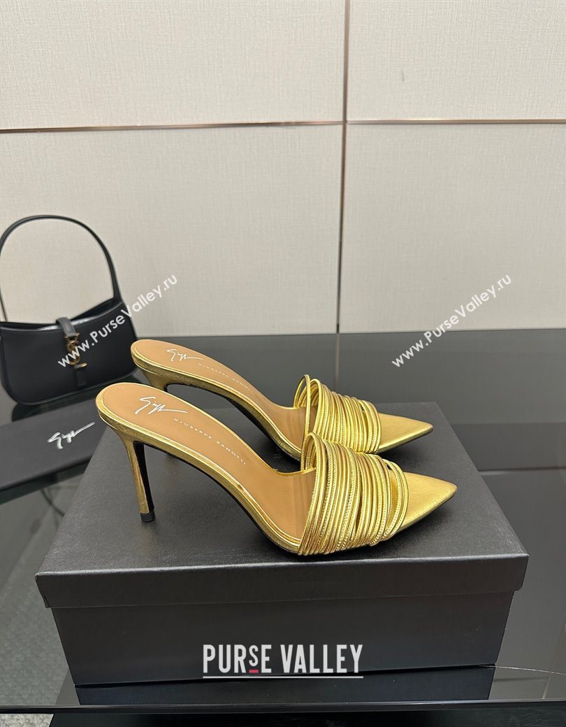 Giuseppe Zanott Intriigo Clio Heel Slides Sandal 9cm in Leather with Thin Strips Gold 2025 (MD-251031015)