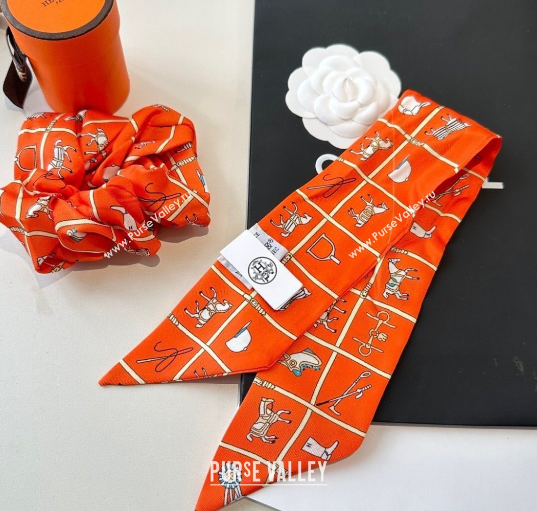 Hermes HorseTwilly Silk Bandeau and Hairring Set Orange 2025 0724 (XMN-250724011)