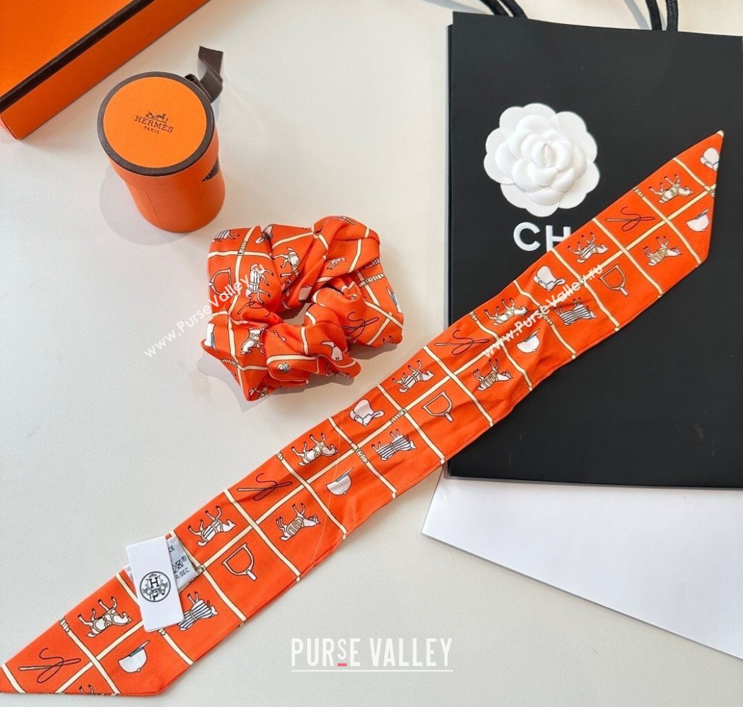 Hermes HorseTwilly Silk Bandeau and Hairring Set Orange 2025 0724 (XMN-250724011)