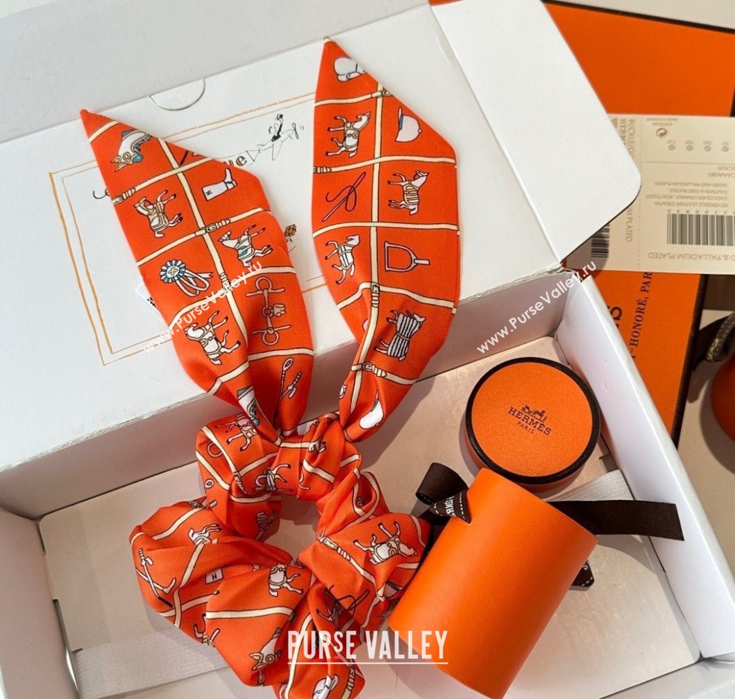 Hermes HorseTwilly Silk Bandeau and Hairring Set Orange 2025 0724 (XMN-250724011)