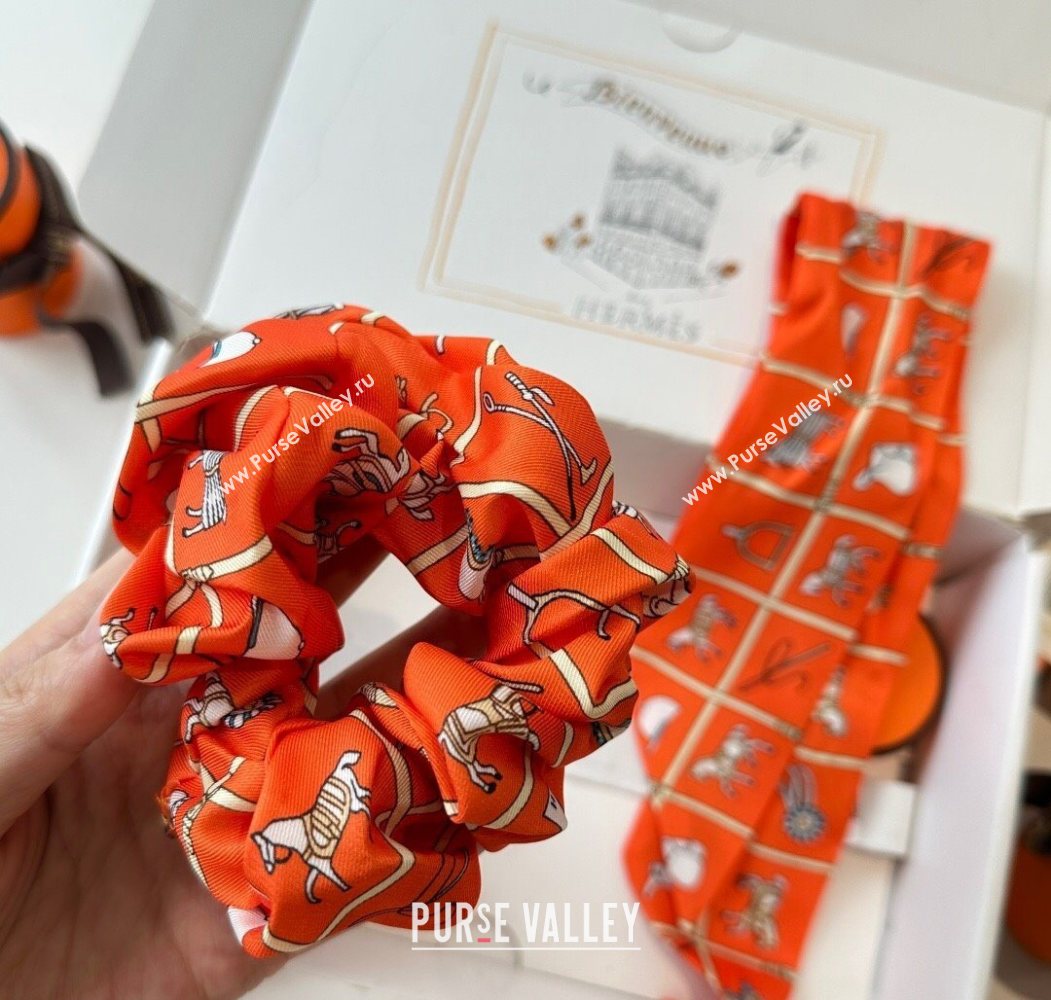 Hermes HorseTwilly Silk Bandeau and Hairring Set Orange 2025 0724 (XMN-250724011)