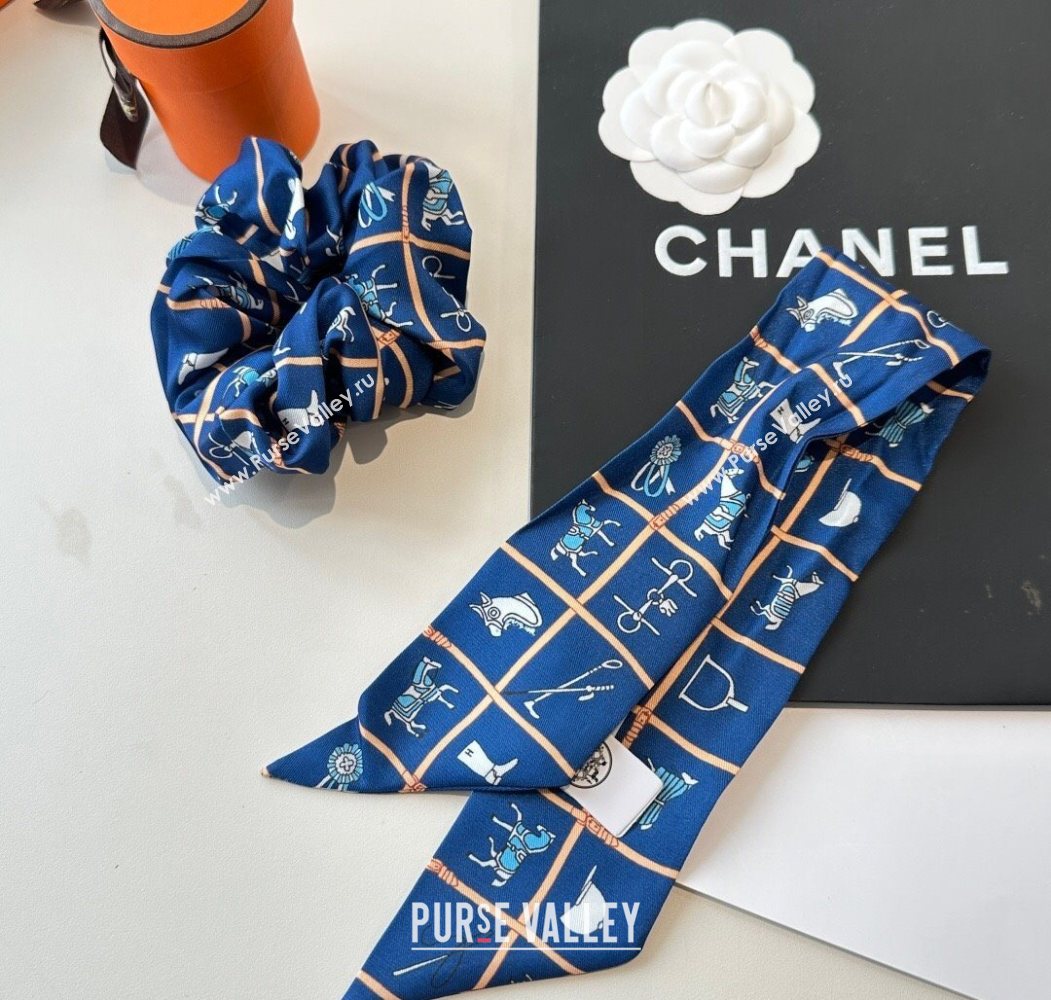 Hermes HorseTwilly Silk Bandeau and Hairring Set Blue 2025 0724 (XMN-250724012)