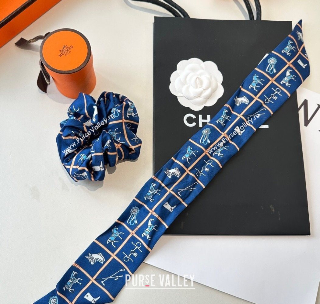 Hermes HorseTwilly Silk Bandeau and Hairring Set Blue 2025 0724 (XMN-250724012)
