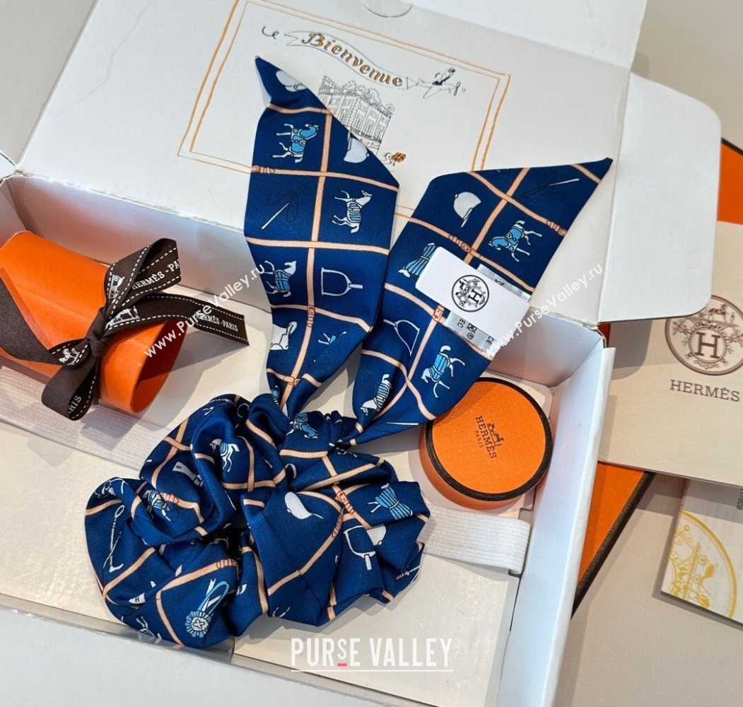 Hermes HorseTwilly Silk Bandeau and Hairring Set Blue 2025 0724 (XMN-250724012)