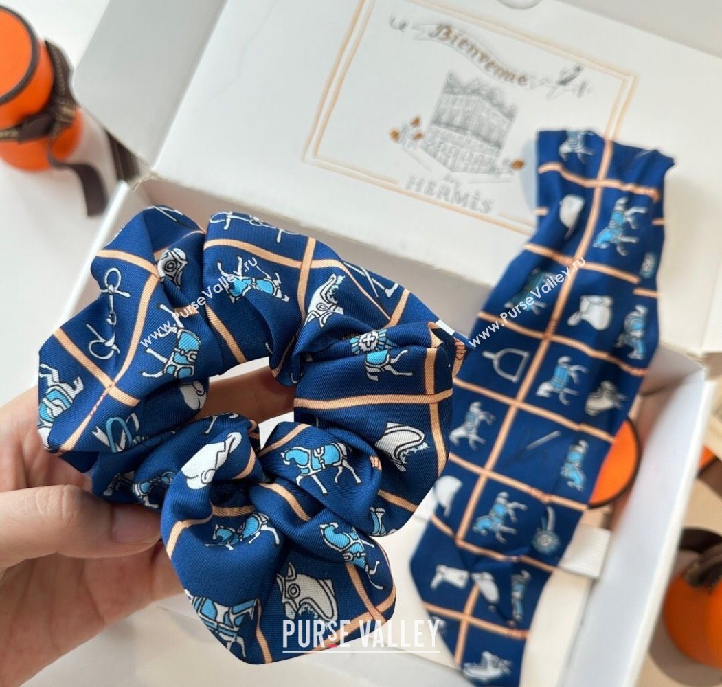 Hermes HorseTwilly Silk Bandeau and Hairring Set Blue 2025 0724 (XMN-250724012)