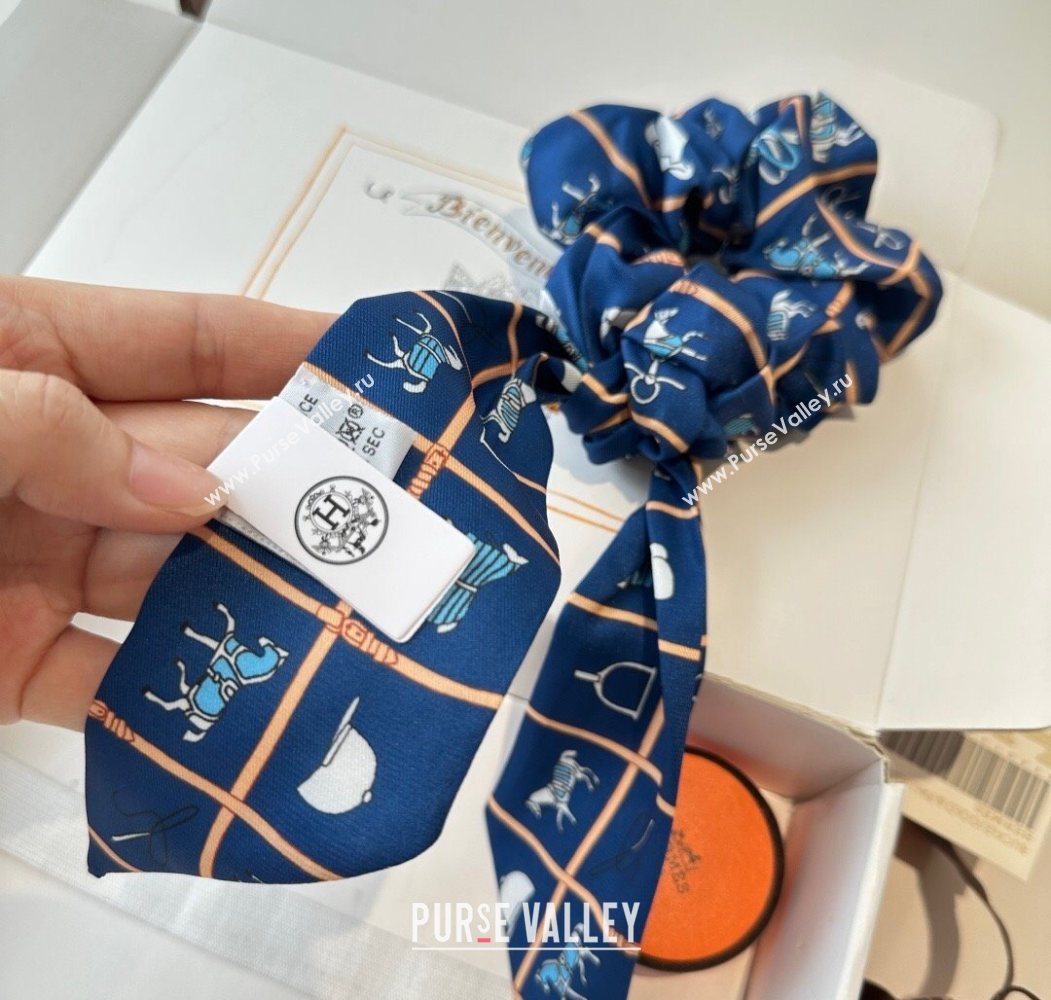 Hermes HorseTwilly Silk Bandeau and Hairring Set Blue 2025 0724 (XMN-250724012)