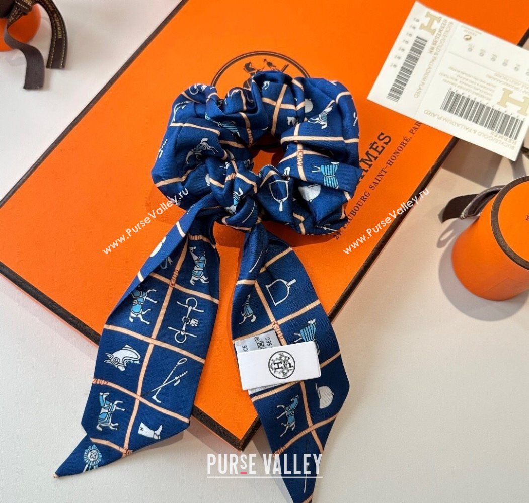Hermes HorseTwilly Silk Bandeau and Hairring Set Blue 2025 0724 (XMN-250724012)