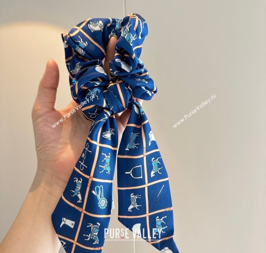 Hermes HorseTwilly Silk Bandeau and Hairring Set Blue 2025 0724 (XMN-250724012)