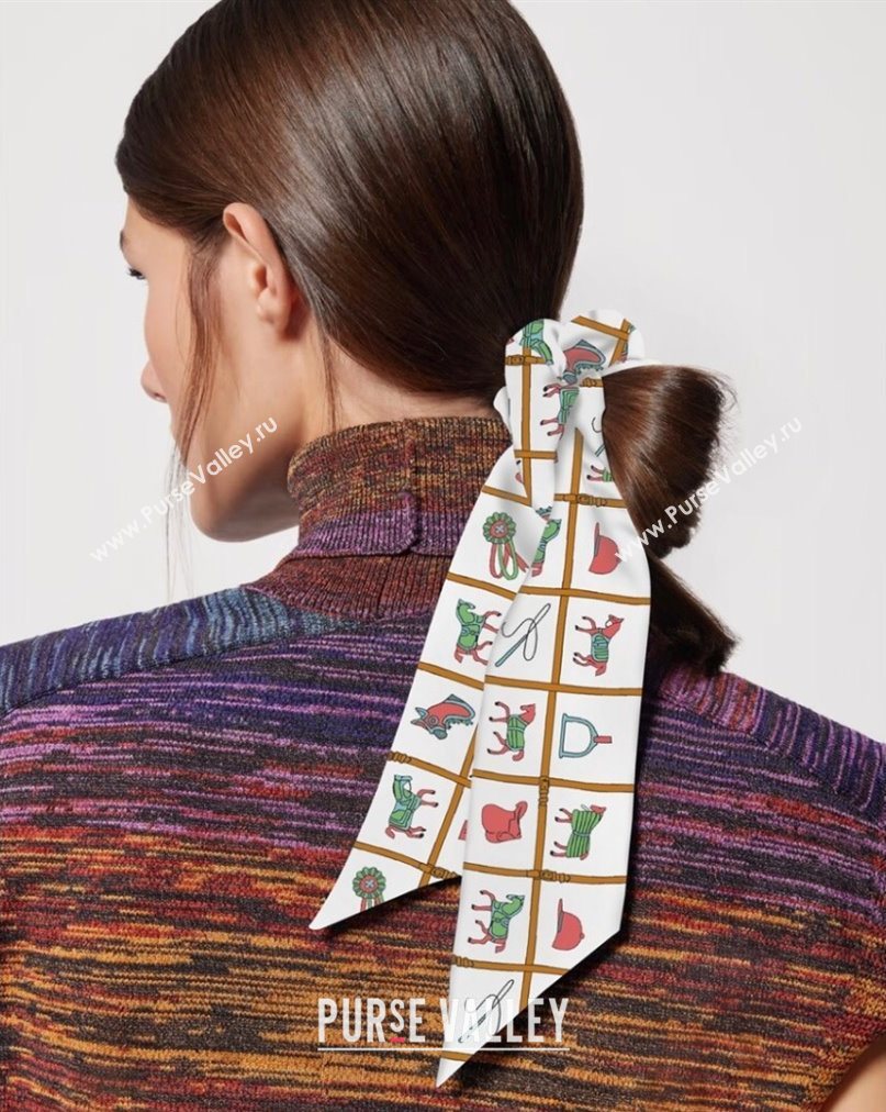 Hermes HorseTwilly Silk Bandeau and Hairring Set White 2025 0724 (XMN-250724013)